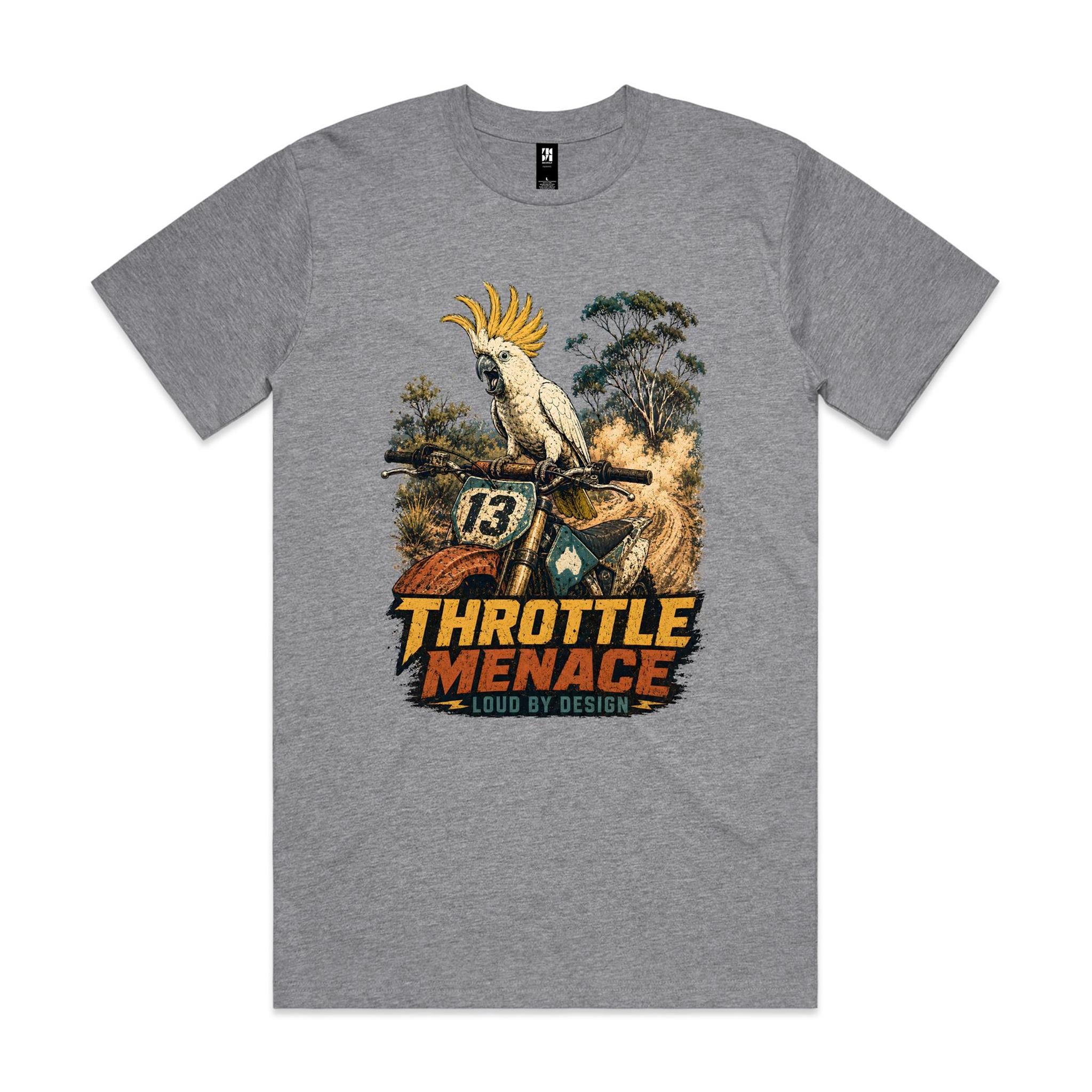 Throttle Menace, Loud by Design — Cockatoo Dirt Bike Tee