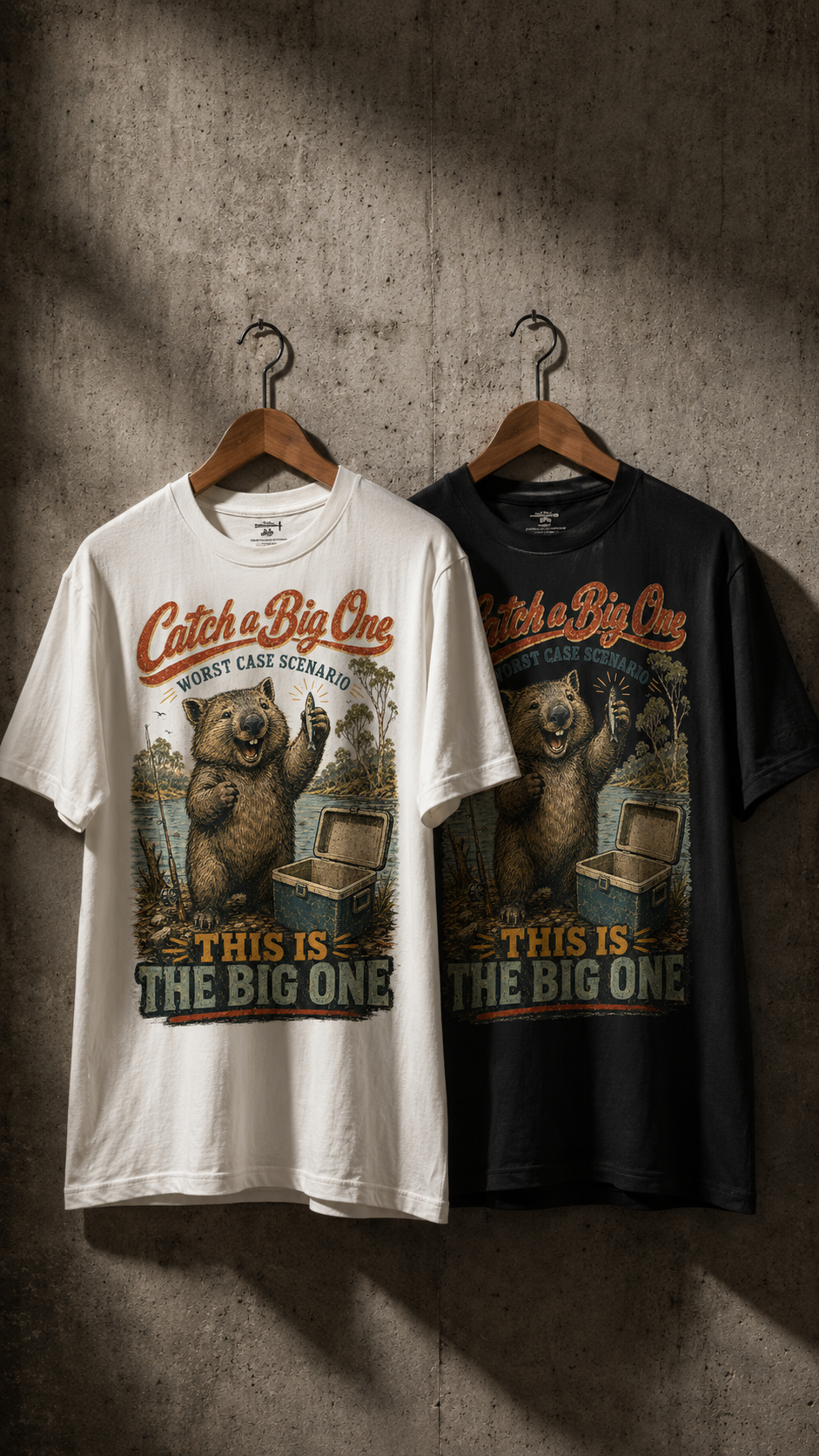 Two graphic t-shirts hanging on wooden hangers against a textured concrete wall. The left t-shirt is white and features a bear graphic with the text 'Catch a Big One THIS IS THE BIG ONE'.