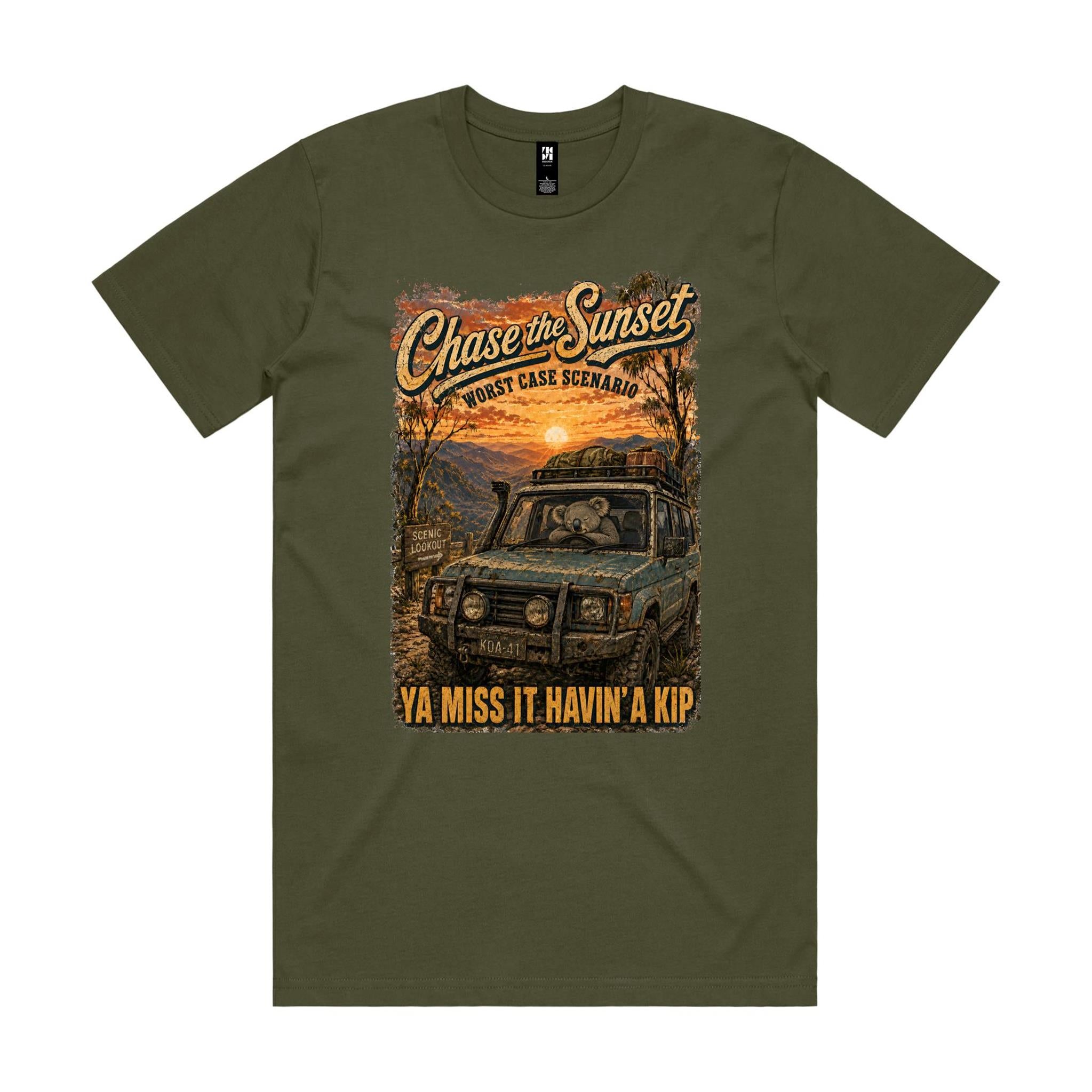 Chase the Sunset — Ya Miss It Havin' a Kip | Koala 4WD Tee