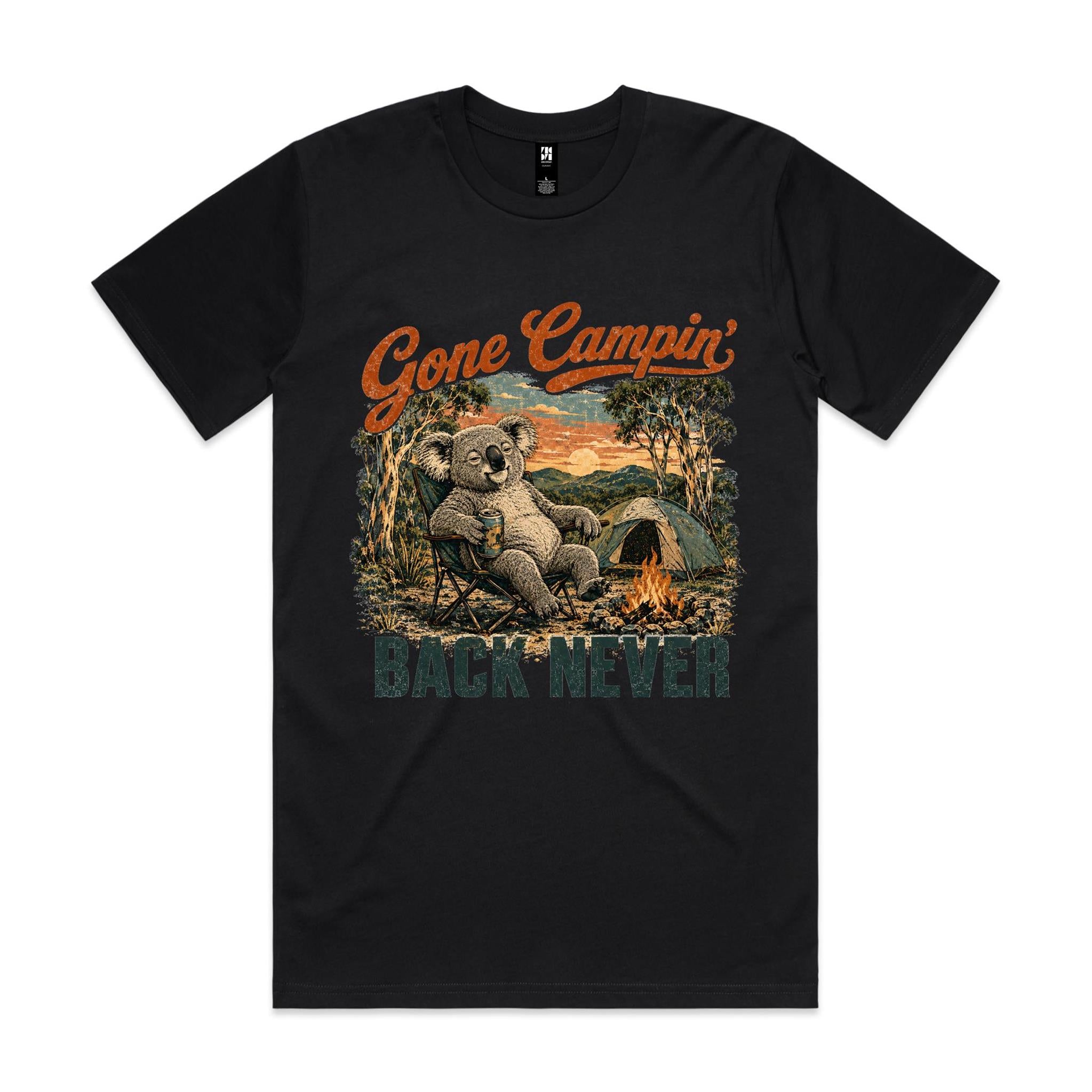 Gone Campin' Back Never — Koala Camping Tee