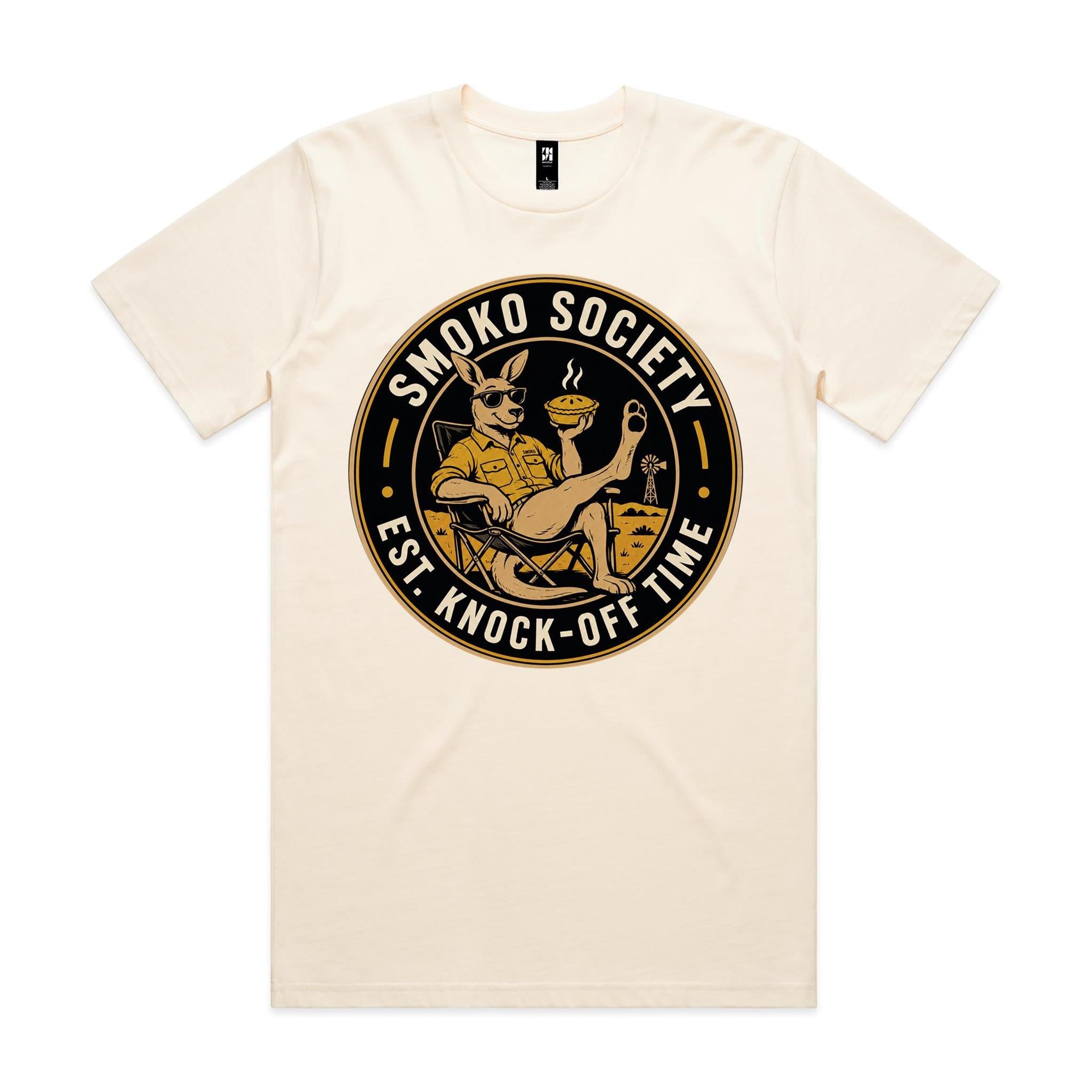 Smoko Society — Est. Knock-Off Time | Kangaroo Meat Pie Badge Tee