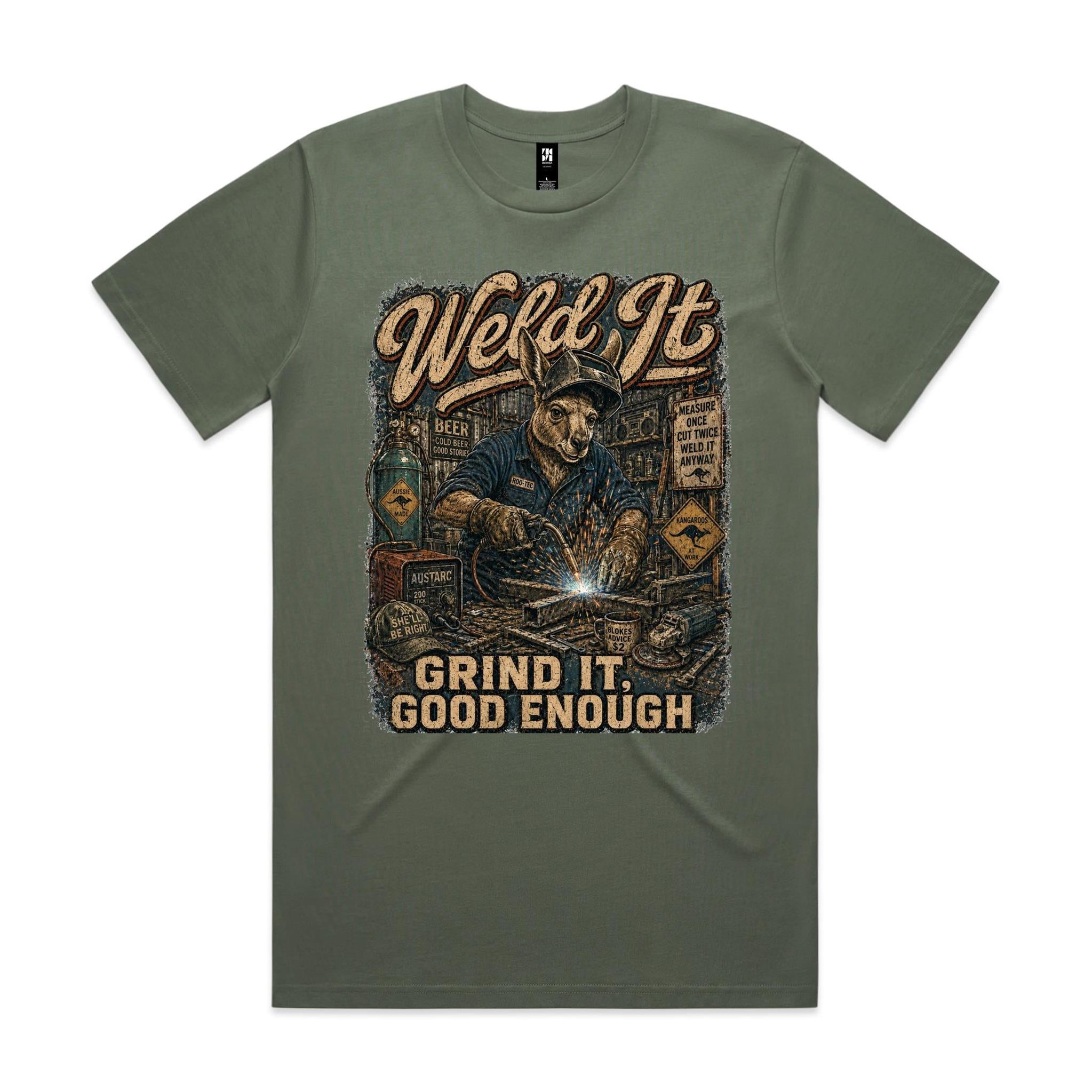 Weld It, Grind It — Good Enough | Kangaroo Welder Tee