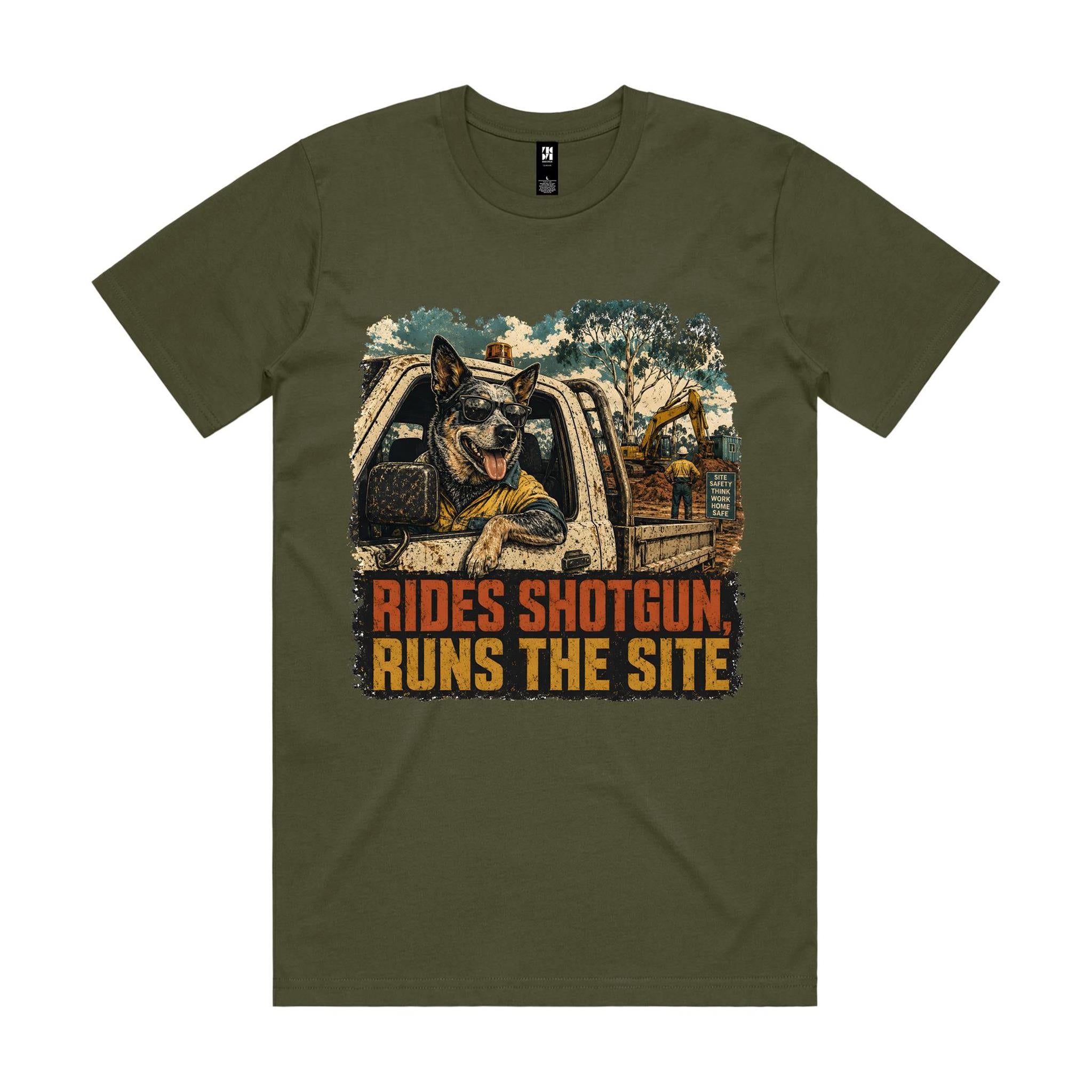 Rides Shotgun, Runs the Site — Blue Heeler Tradie Tee