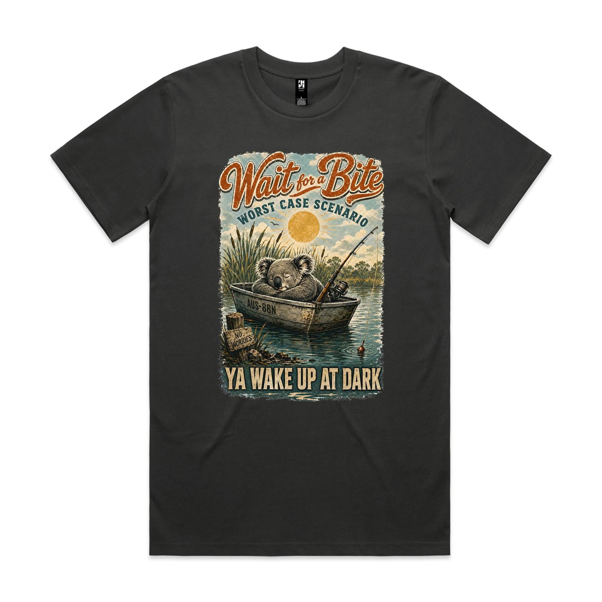 Wait for a Bite — Ya Wake Up at Dark | Koala Fishing Tee