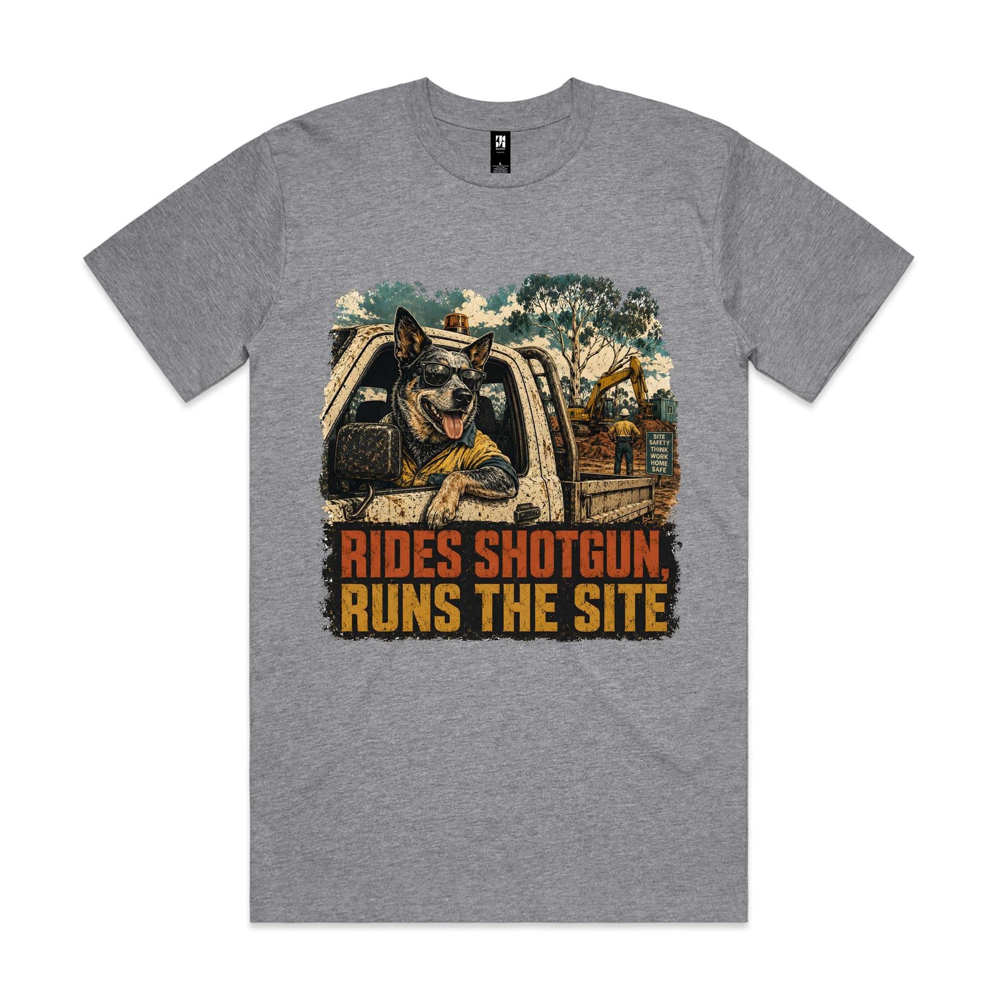 Rides Shotgun, Runs the Site — Blue Heeler Tradie Tee
