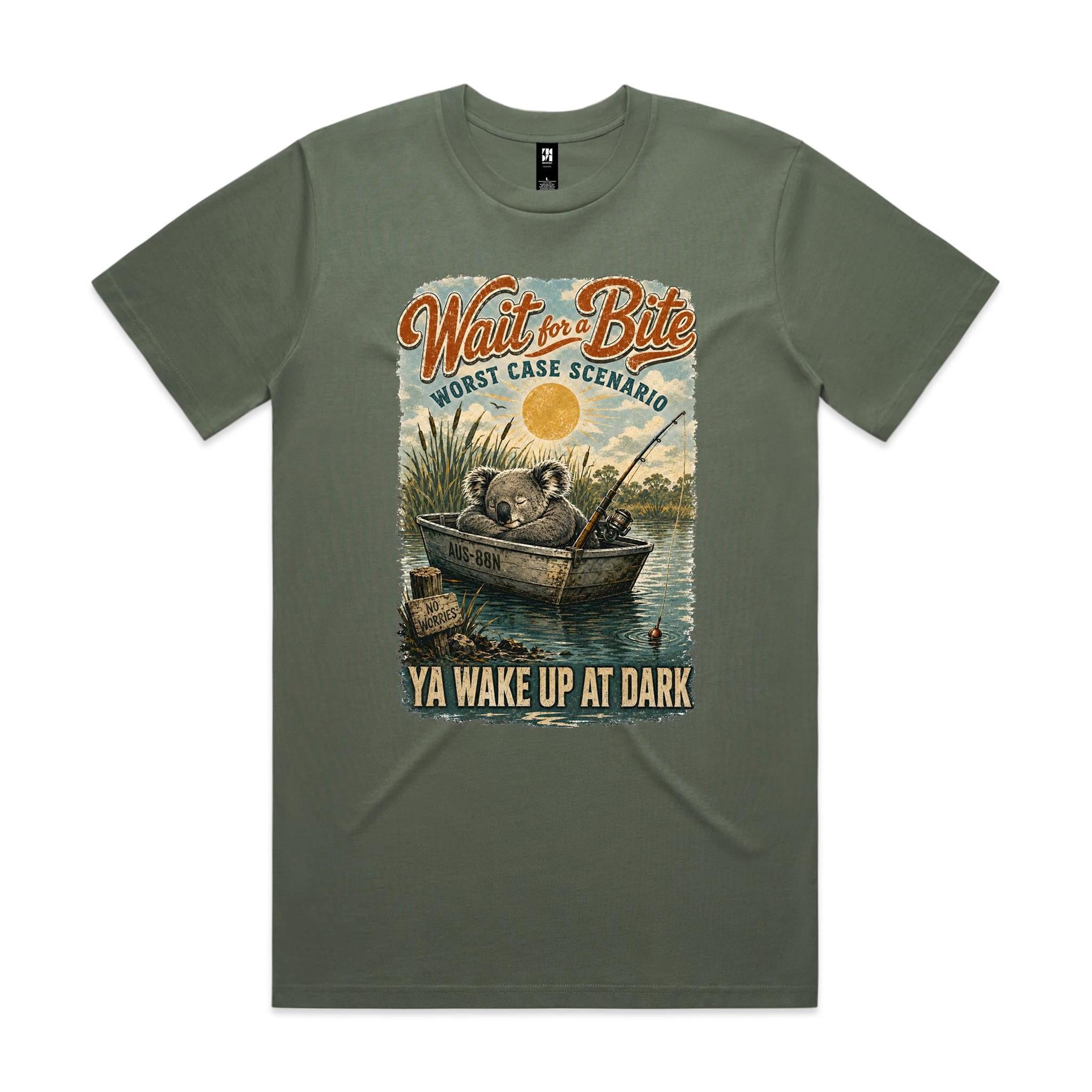 Wait for a Bite — Ya Wake Up at Dark | Koala Fishing Tee