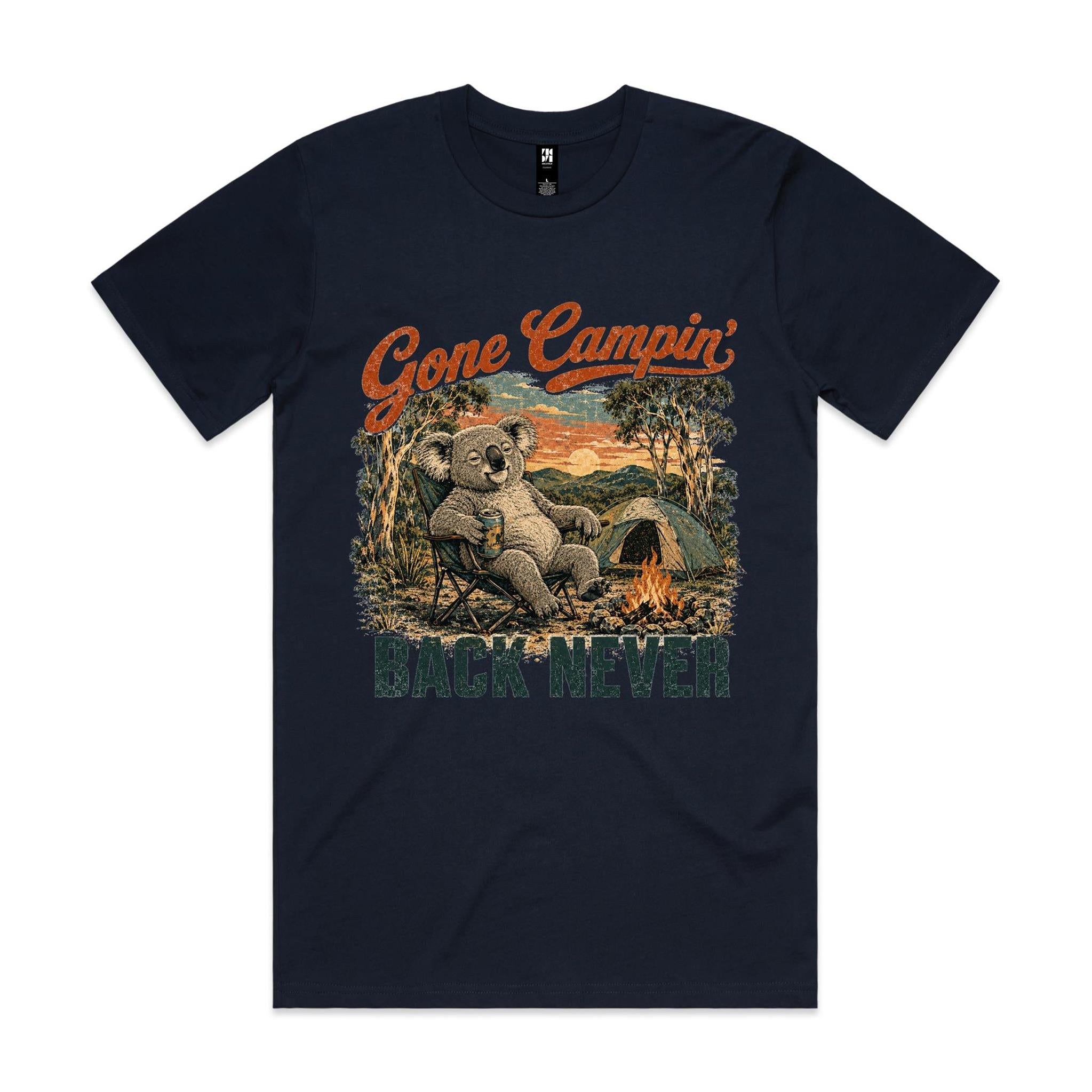 Gone Campin' Back Never — Koala Camping Tee