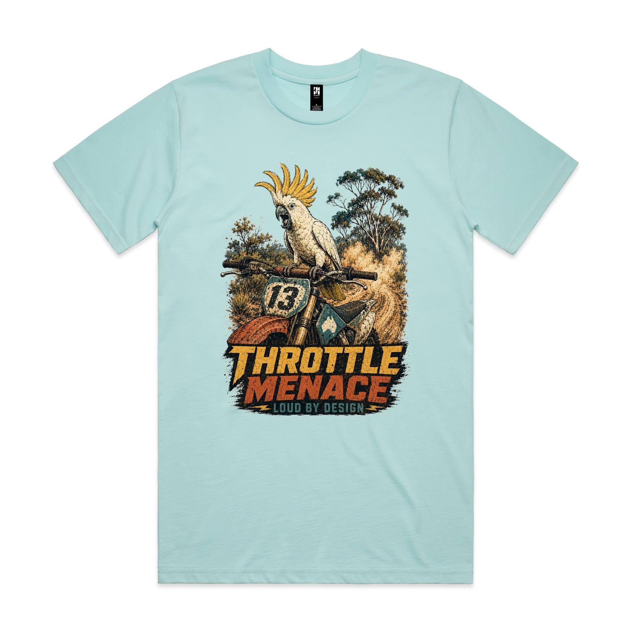Throttle Menace, Loud by Design — Cockatoo Dirt Bike Tee
