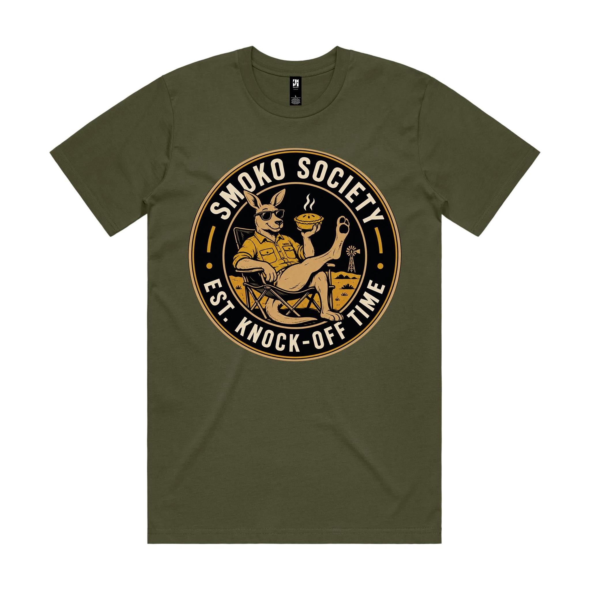 Smoko Society — Est. Knock-Off Time | Kangaroo Meat Pie Badge Tee