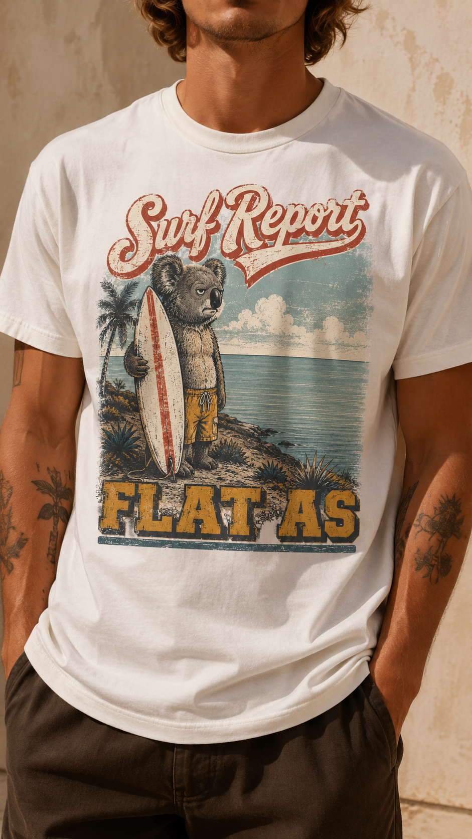 A man wearing a white Surf Report t-shirt with a vintage-style graphic of a koala bear holding a surfboard and the text 'SURF REPORT' and 'FLAT AS'.