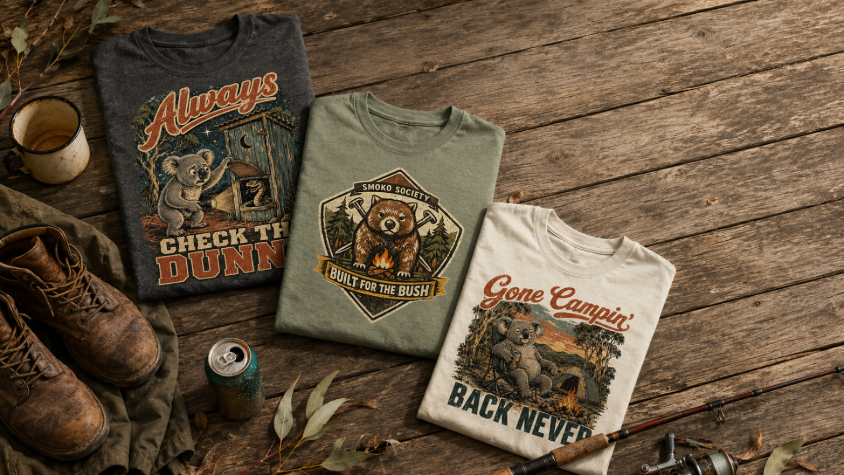 Three graphic T-shirts arranged on a rustic wooden surface with boots, a mug, a can, and leaves around them. The shirts show outdoor-themed graphics: one dark gray shirt reading 'Always Check The Dunny' one sage green shirt with a bear emblem and 'Built For The Bush,' and one cream shirt reading 'Gone Camping Back Never.